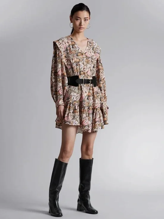 Voluminous V-Cut Floral Mini Dress with Ruffle Shoulders - Picture 4 of 5